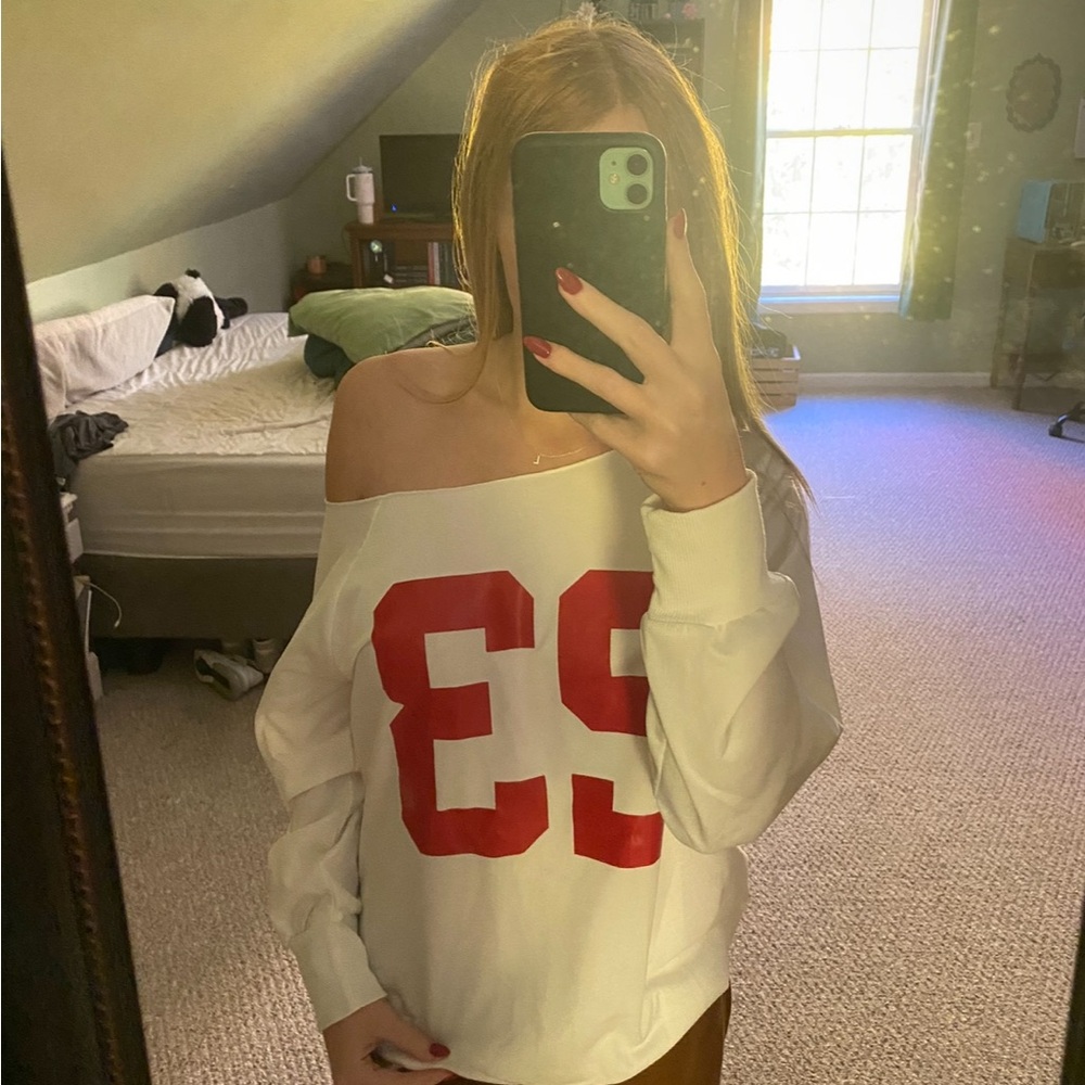 Shein White Off-Shoulder Sweatshirt with Red Number - 23